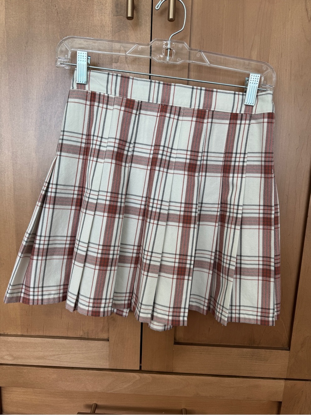 aerie Cream and Rust Plaid Pleated Mini Skirt